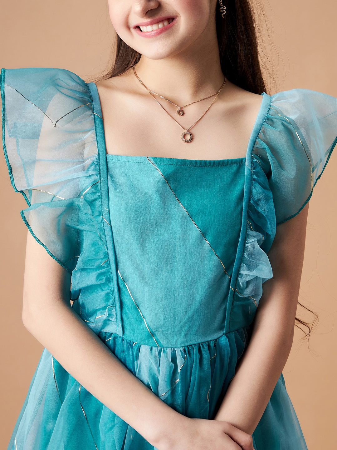 Girls Striped Flutter Sleeves Ruffled Organza Fit & Flare Dress