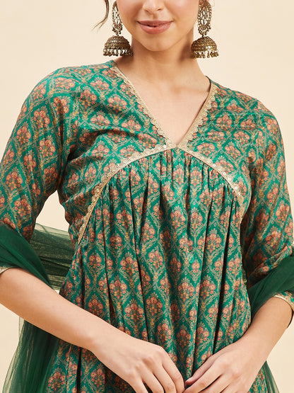 Ethnic Printed Anarkali Kurta With Trousers & Dupatta