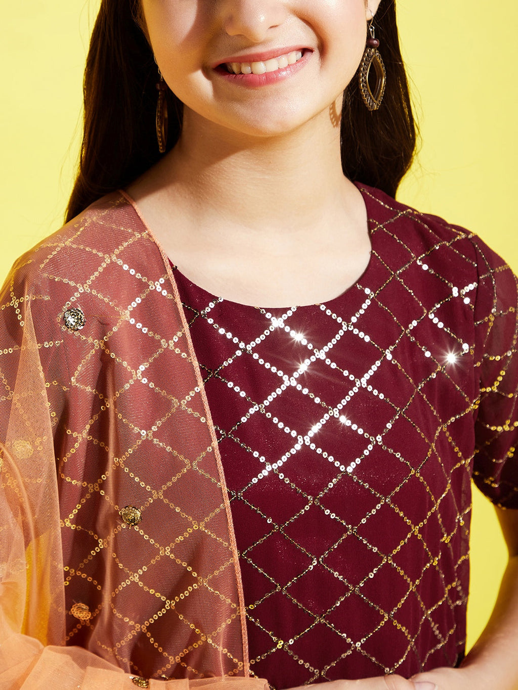 Girls Burgundy Embroidered Straight Kurta with Palazzos & With Dupatta