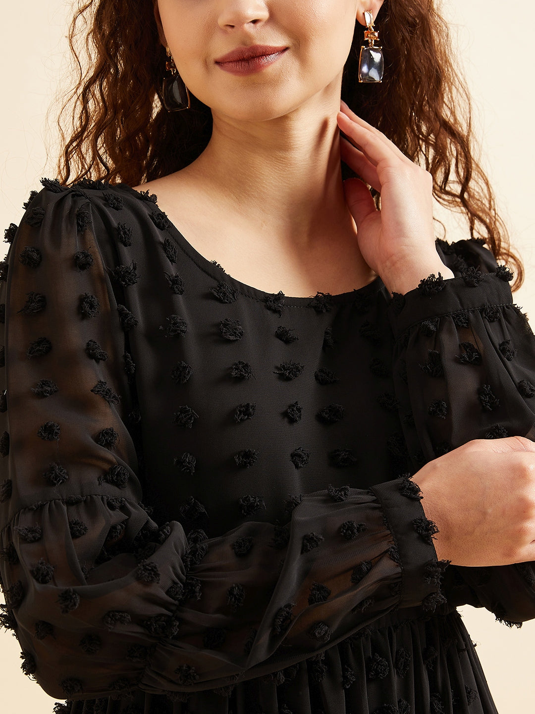 Women Black Puffed Sleeves Tiered Fit  Flare Georgette Dress