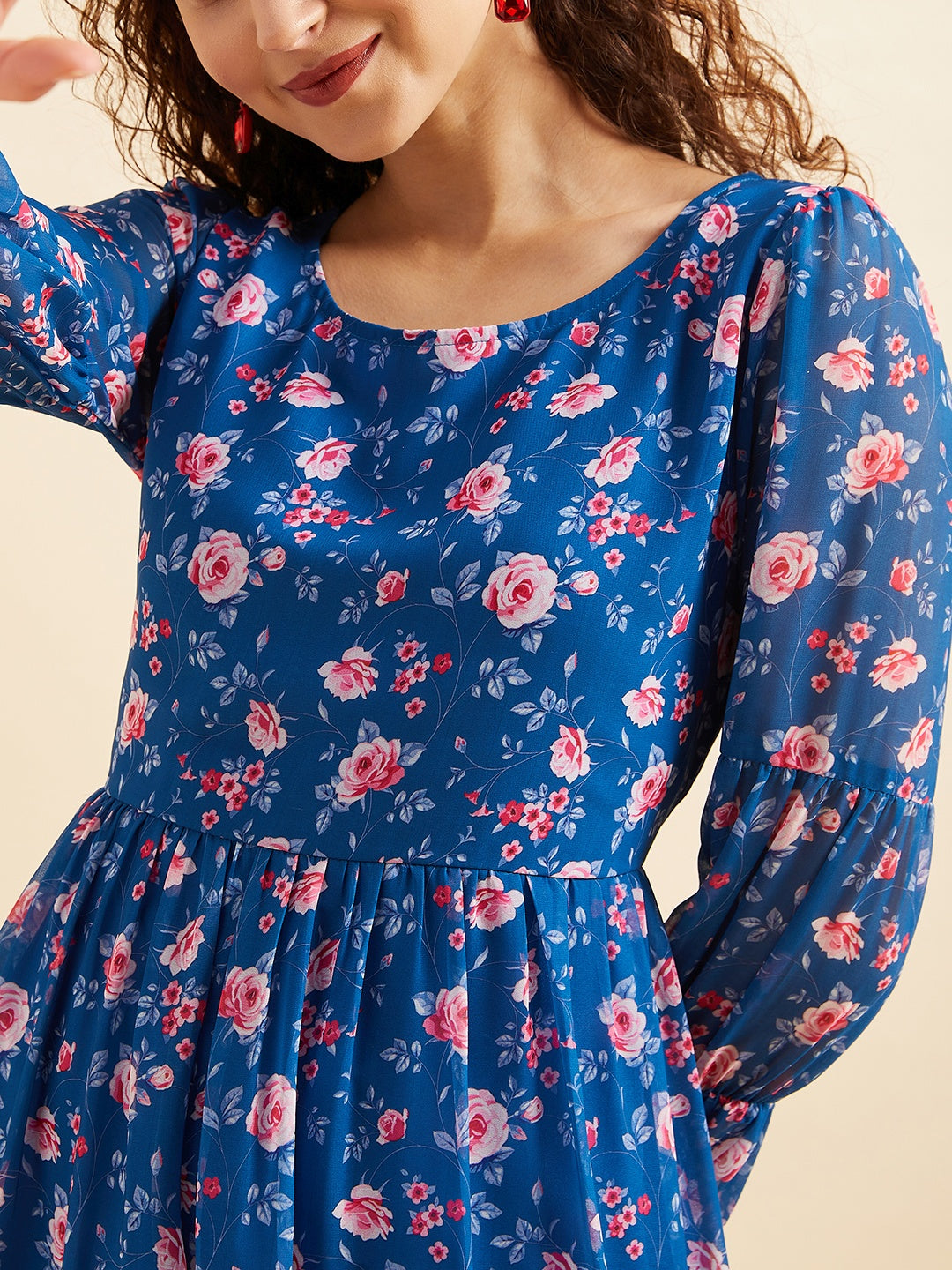 Puffed Sleeves Floral Printed Tiered Fit & Flare Georgette Dress