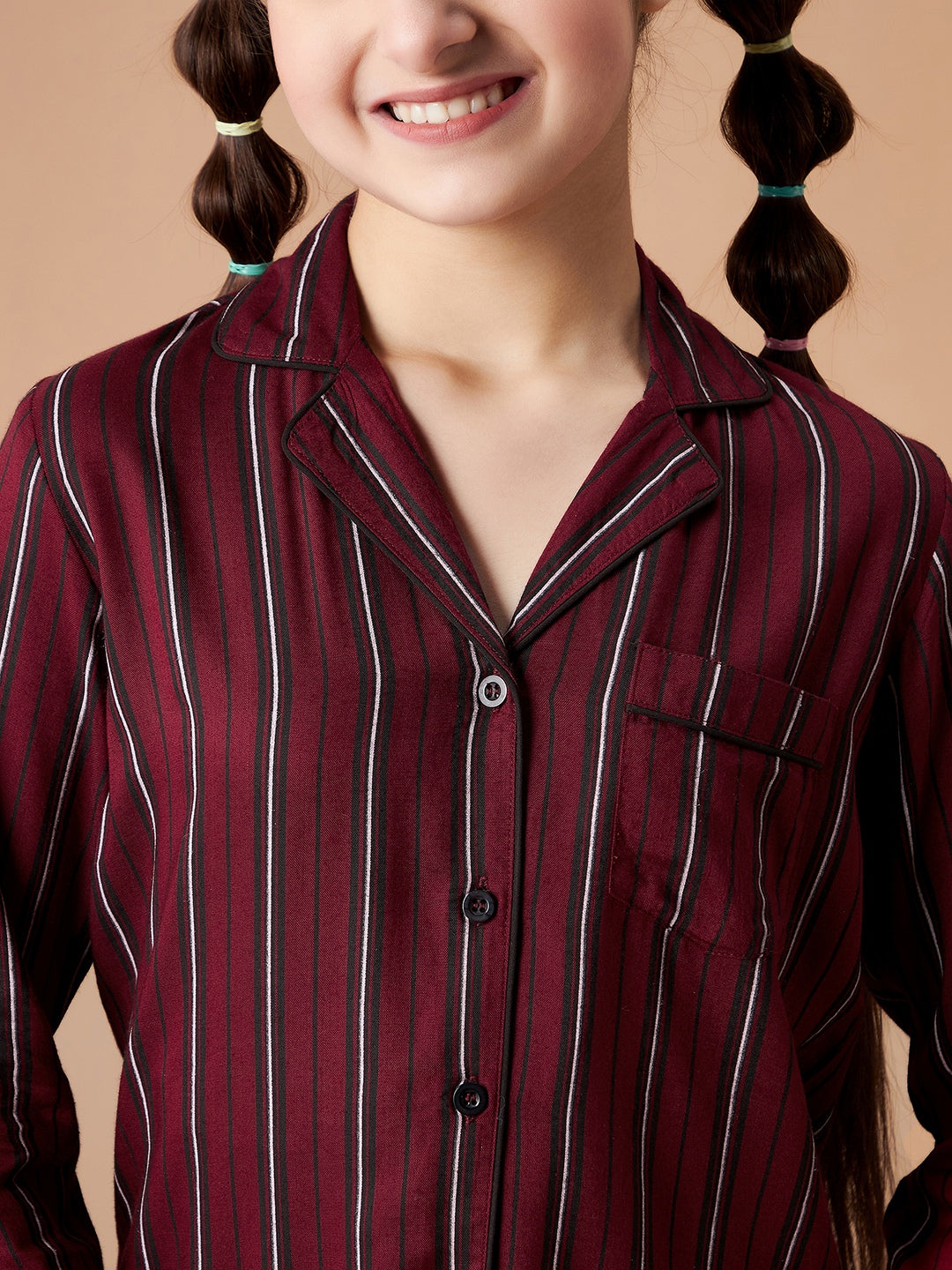 Girls Maroon Striped Cotton Night Suit Set