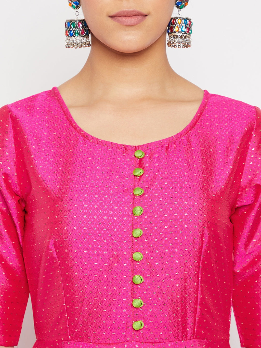 Women Magenta  Pleated Golden Thread Work Kurta Set With Trouser And Dupatta