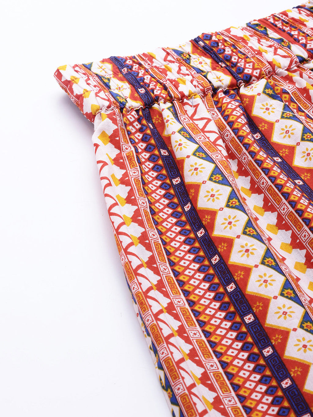 Women Off White & Orange Printed Cotton Palazzos