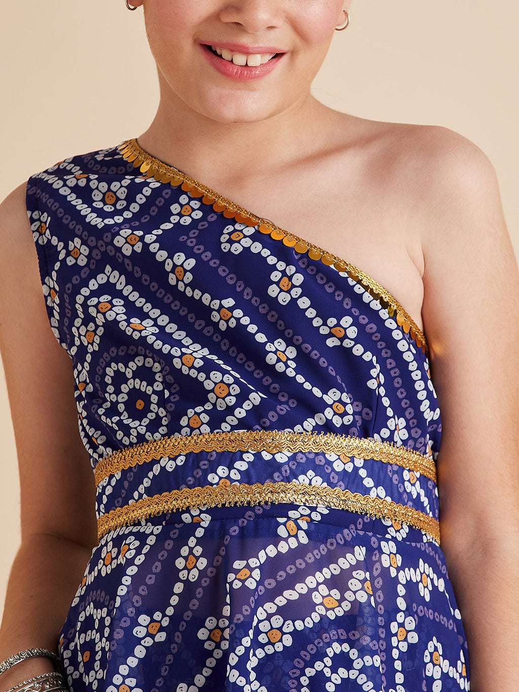 Girls Blue Bandhani Printed Empire Gotta Patti Kurta with Sharara