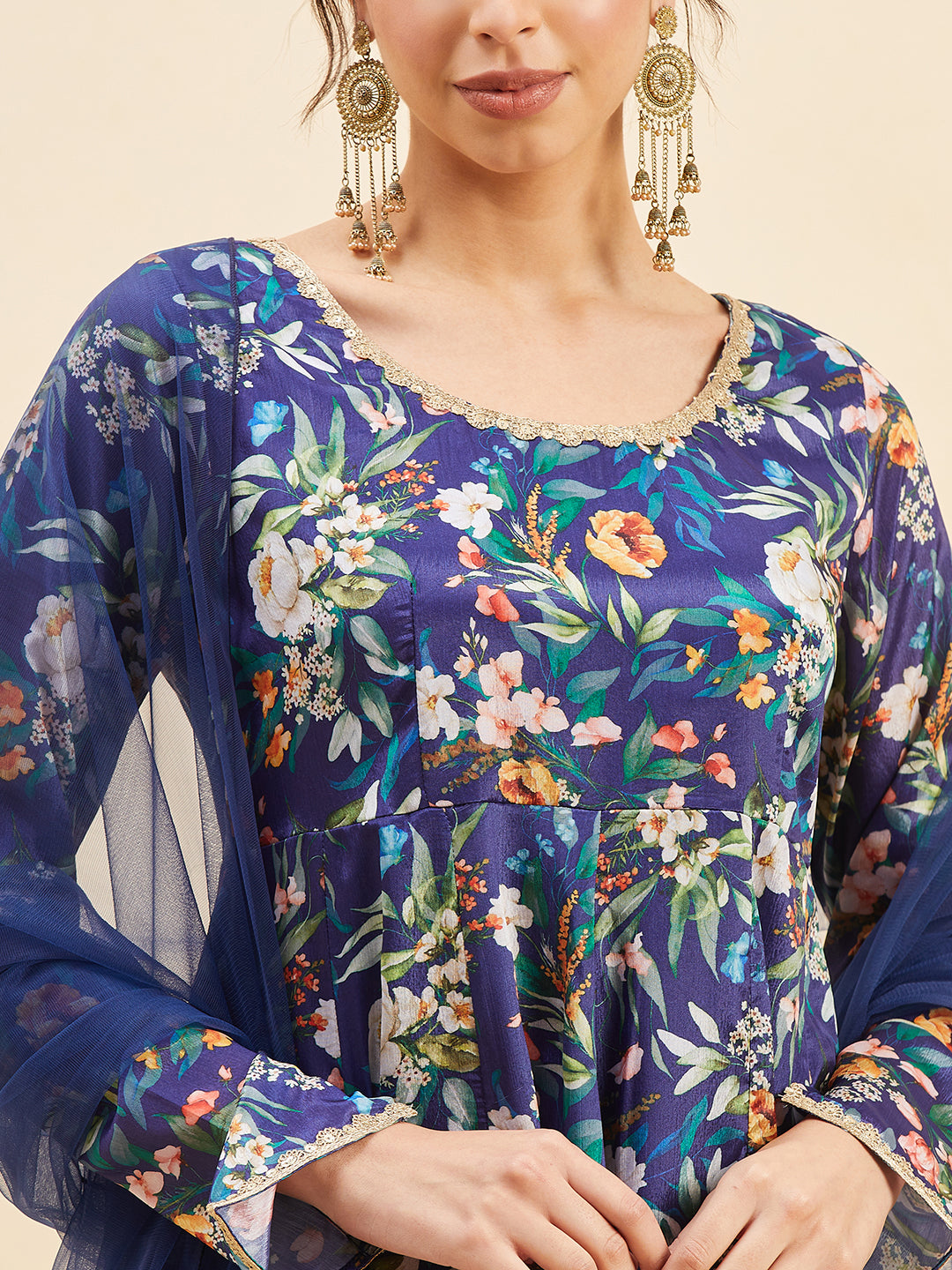 Floral Printed Pleated Anarkali Kurta With Trousers & Dupatta