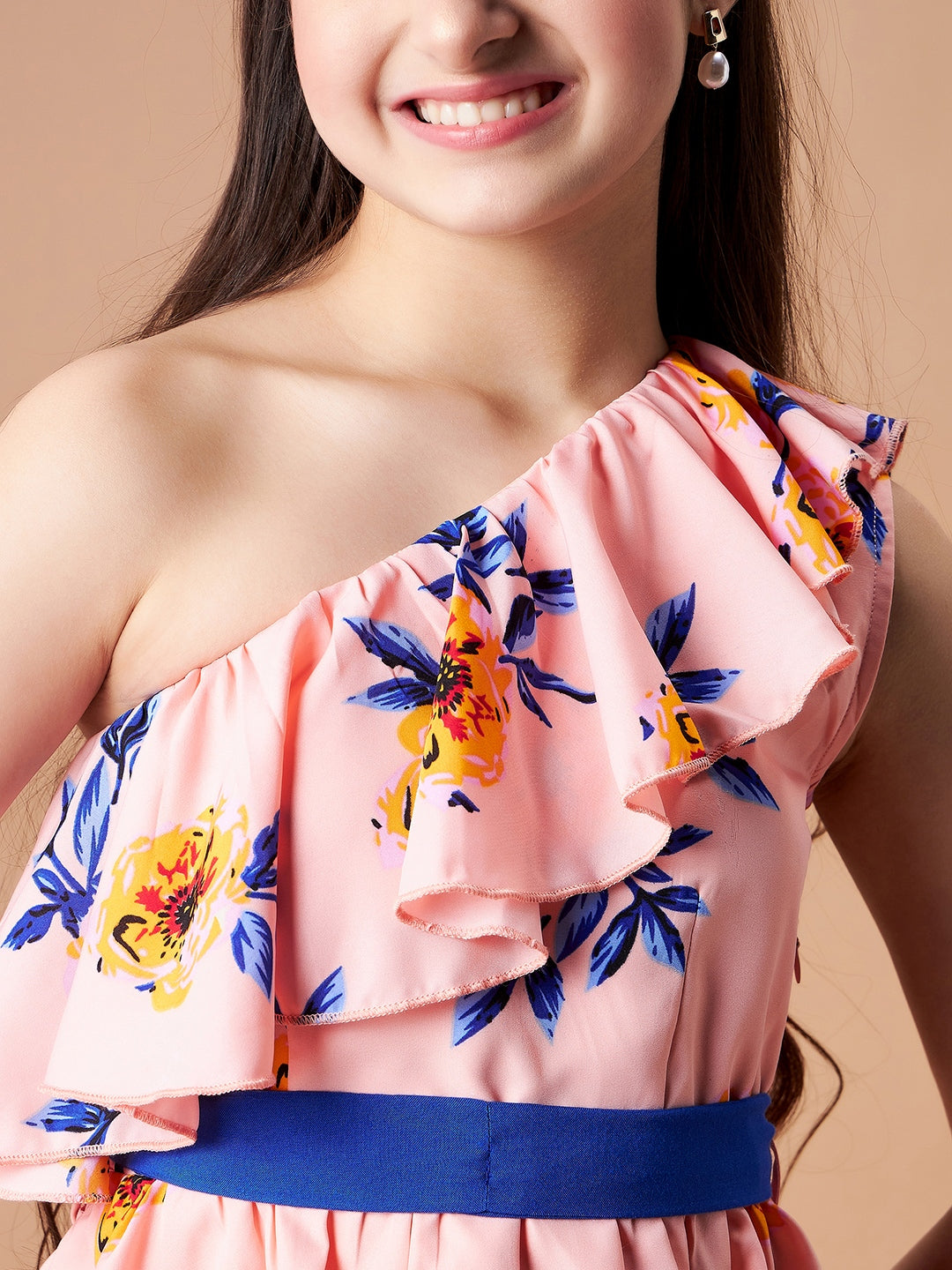 Girls Floral Printed One Shoulder Layered Fit & Flare Dress