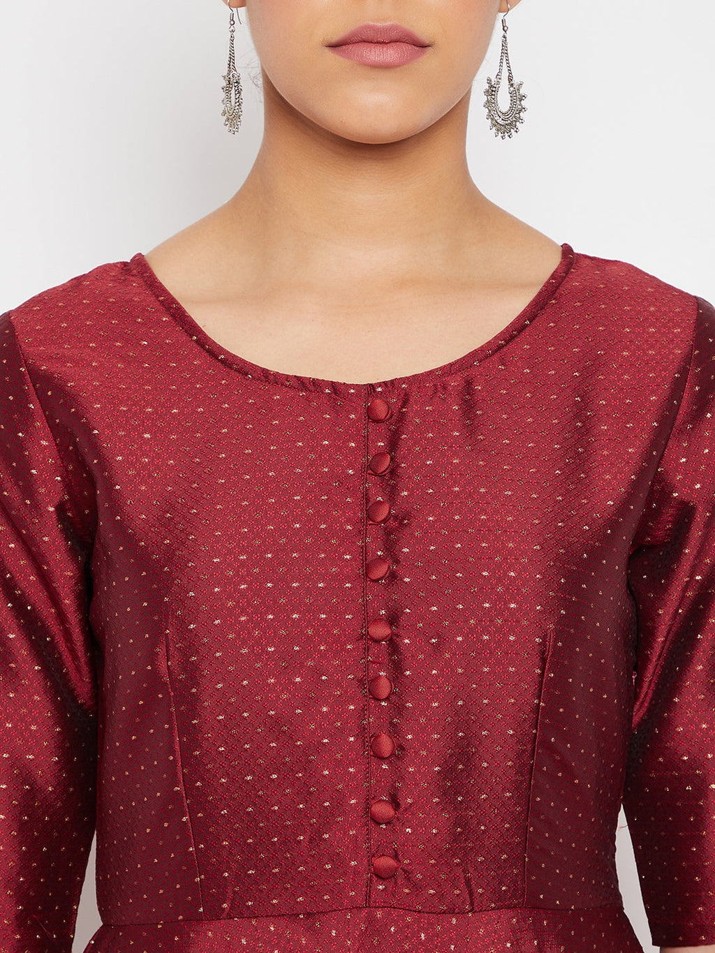 Women Maroon Pleated Golden Thread Work Kurta Set With Trouser And Dupatta