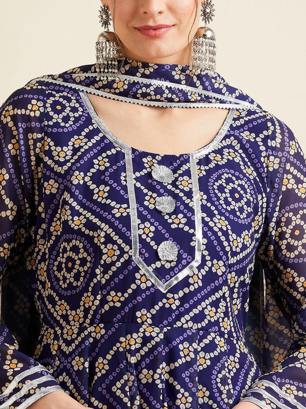 Blue Bandhani Printed Fit & Flared Maxi Ethnic Dress With Dupatta