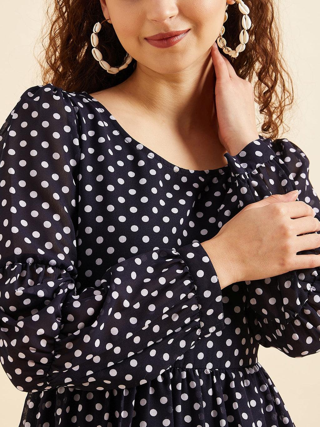 Polka Dots Printed Flounce Georgette Fit  Flared Dress