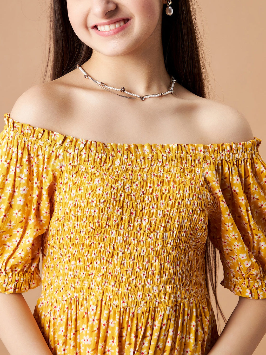 Girls Floral Print Off-Shoulder Puff Sleeve Fit  Flare Dress