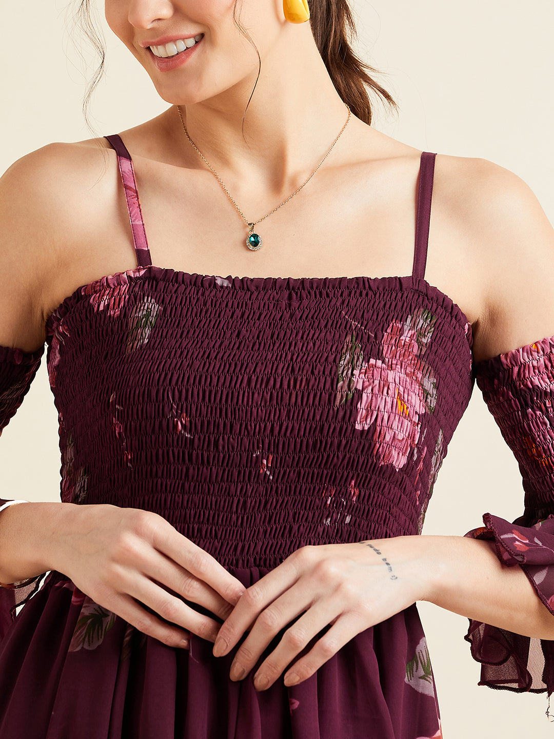 Burgundy & Pink Floral Printed Shoulder Straps Smocked Georgette Maxi Dress