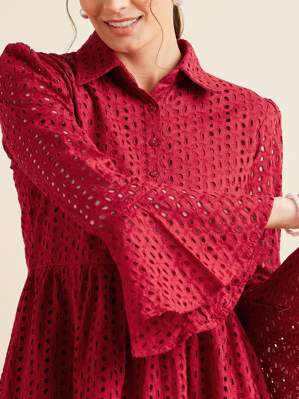 Women Maroon Shirt Collar Bell Sleeve Ruffled Schiffli Cotton A-line Dress