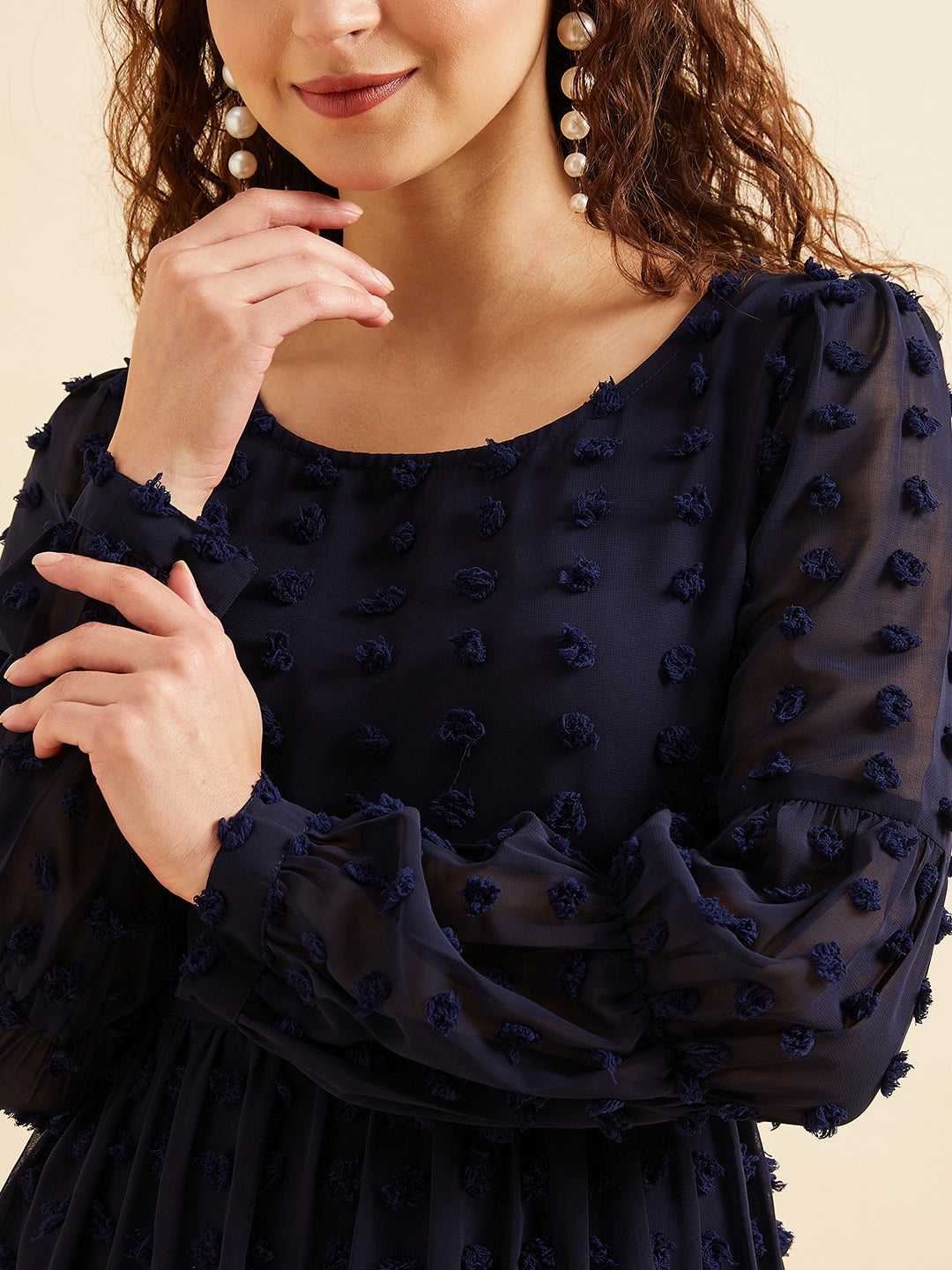 Women Puffed Sleeves Self Design Tiered Fit  Flare Georgette Dress