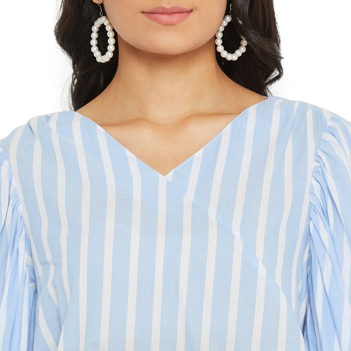 Ice Blue And white Stripe Top with gather sleeve and waist elastic
