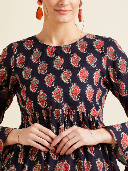Paisley Printed Bell Sleeves Pleated A-Line Kurti