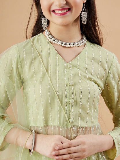 Girls Embroidered Net Empire Kurta with Sharara & With Dupatta