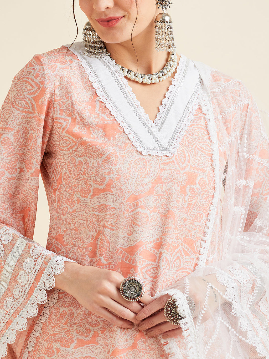 Pink Floral Printed Regular Patchwork Kurta with Trousers & With Dupatta