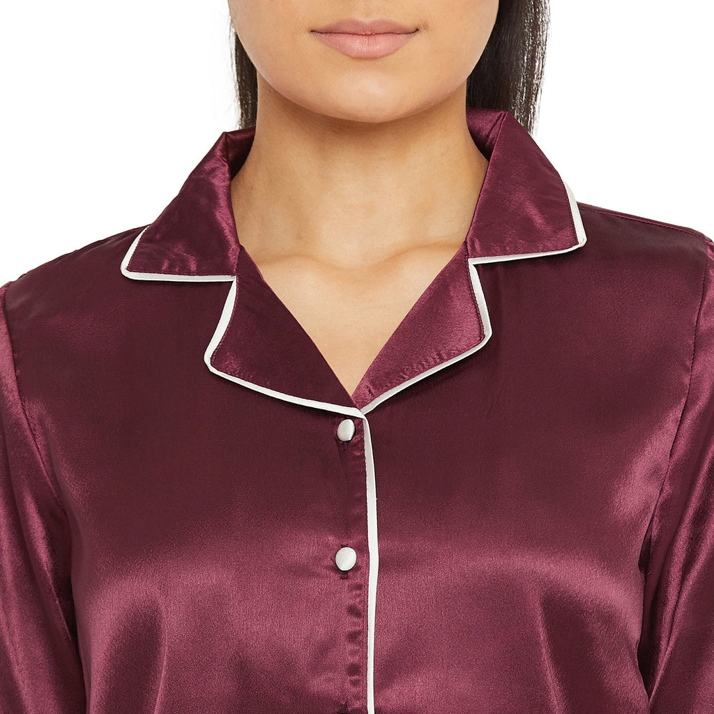 Women Wine Satin Finish Solid Night Suit