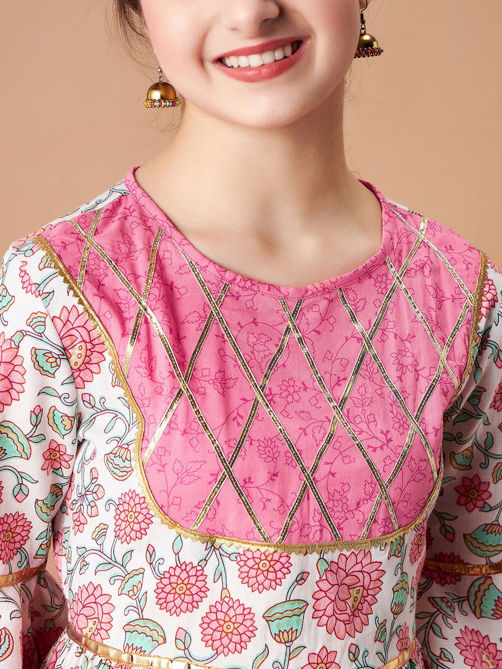Girls Floral Printed Empire Gotta Patti Pure Cotton Kurti with Sharara