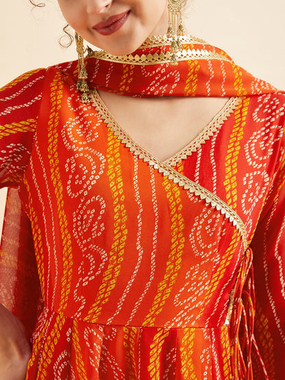 Bandhani Printed V-Neck Anarkali Ethnic Maxi Dress With Dupatta