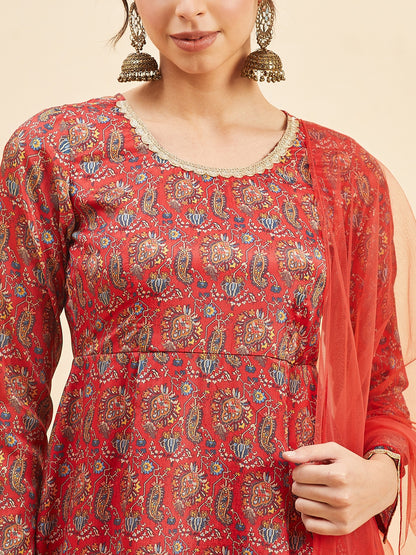 Floral Printed Empire Anarkali Kurta With Trousers & Dupatta