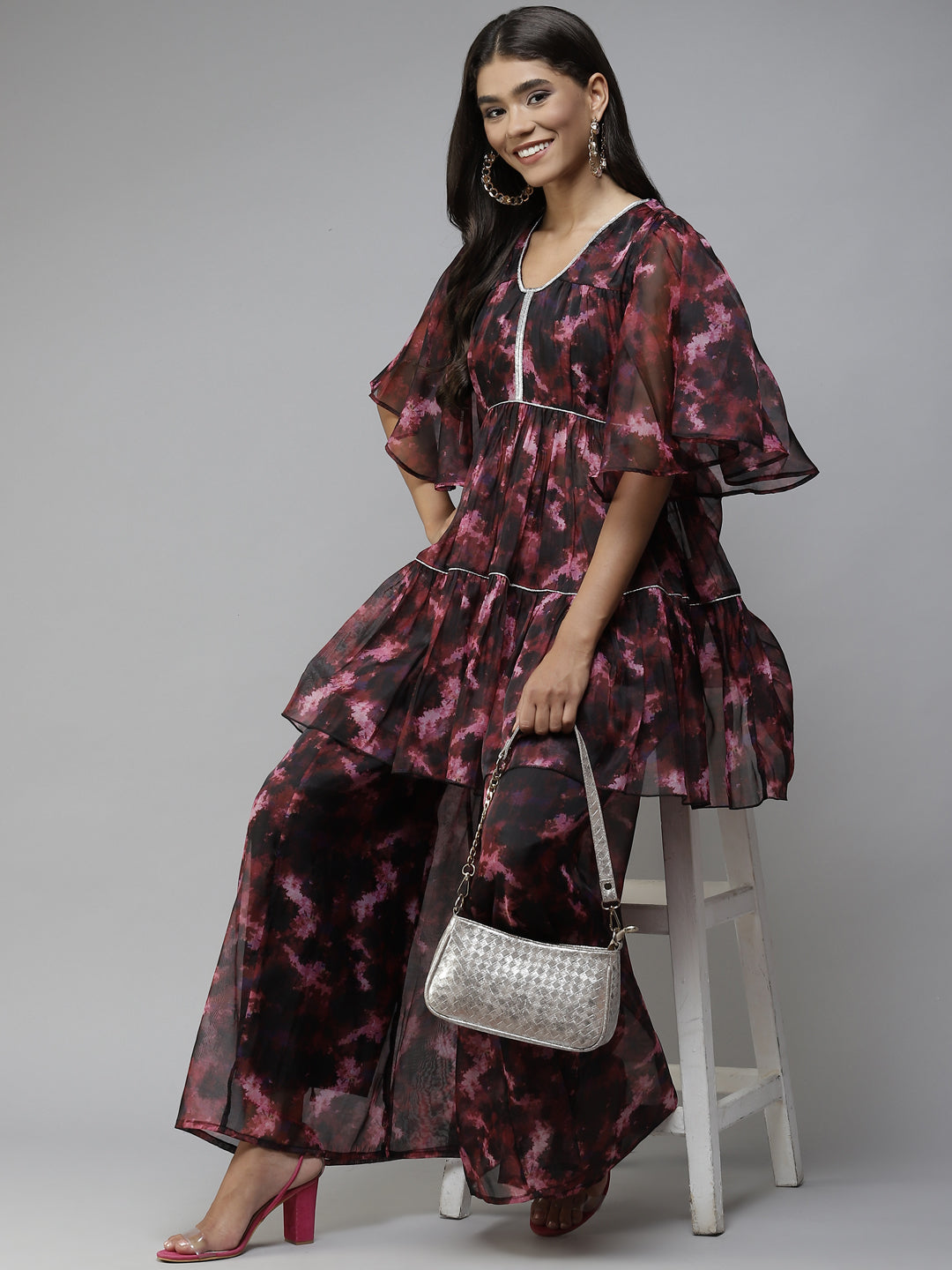PANIT Women Black Printed Tiered Zardozi Kurti with Palazzos
