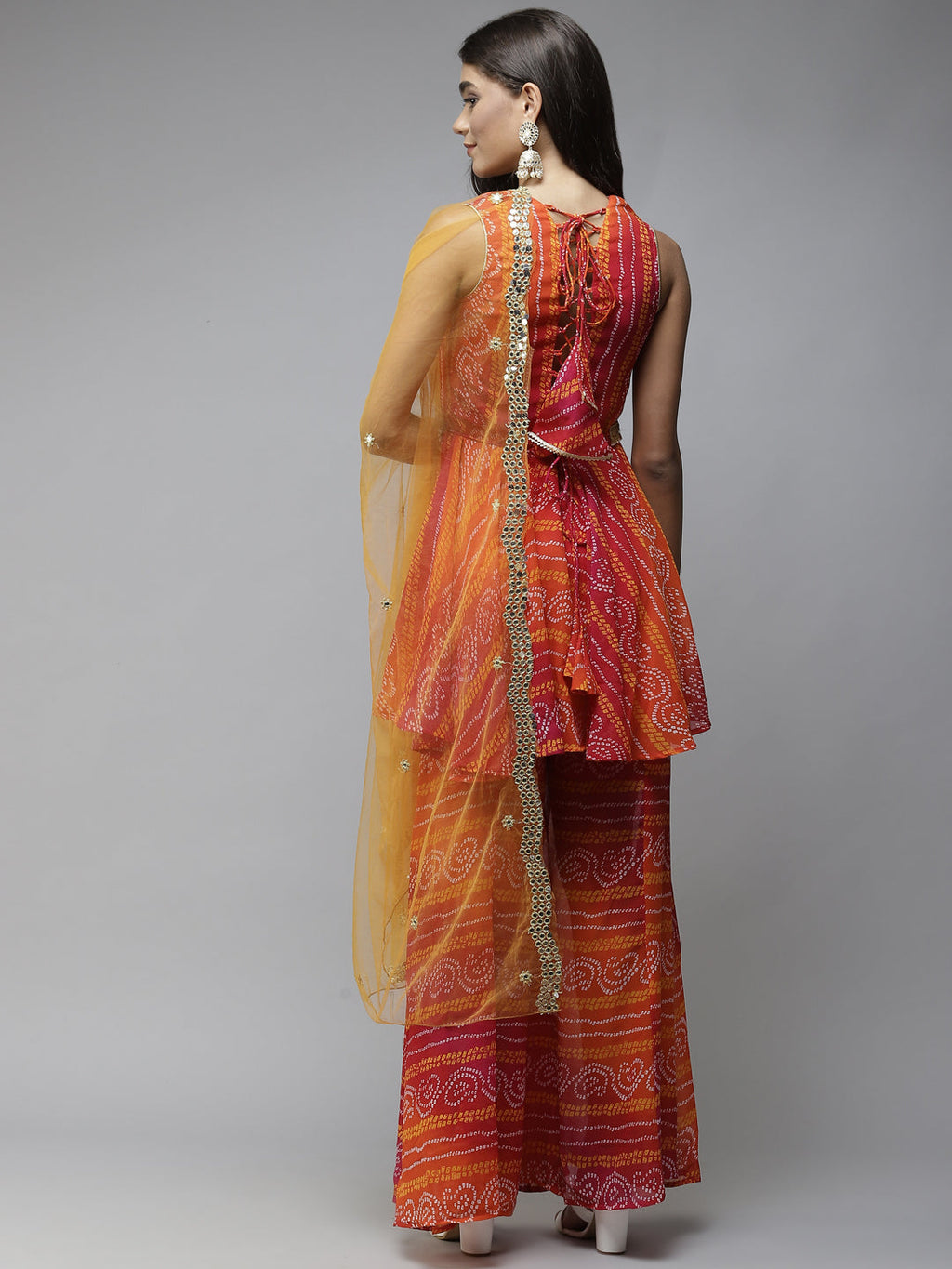 PANIT Orange Bandhani Printed Sequinned Kurta with Sharara & With Dupatta