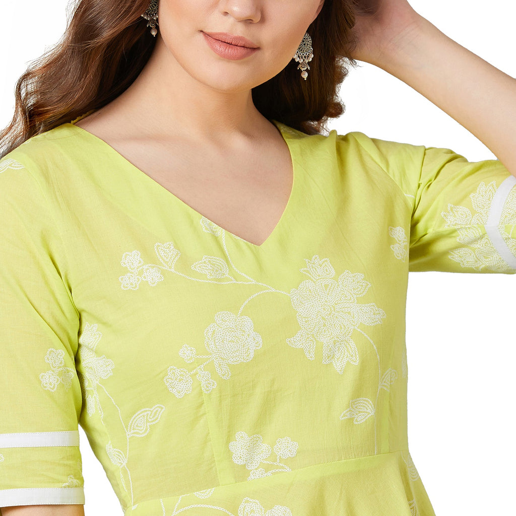 Women Lime Green & White Printed Anarkali Kurta