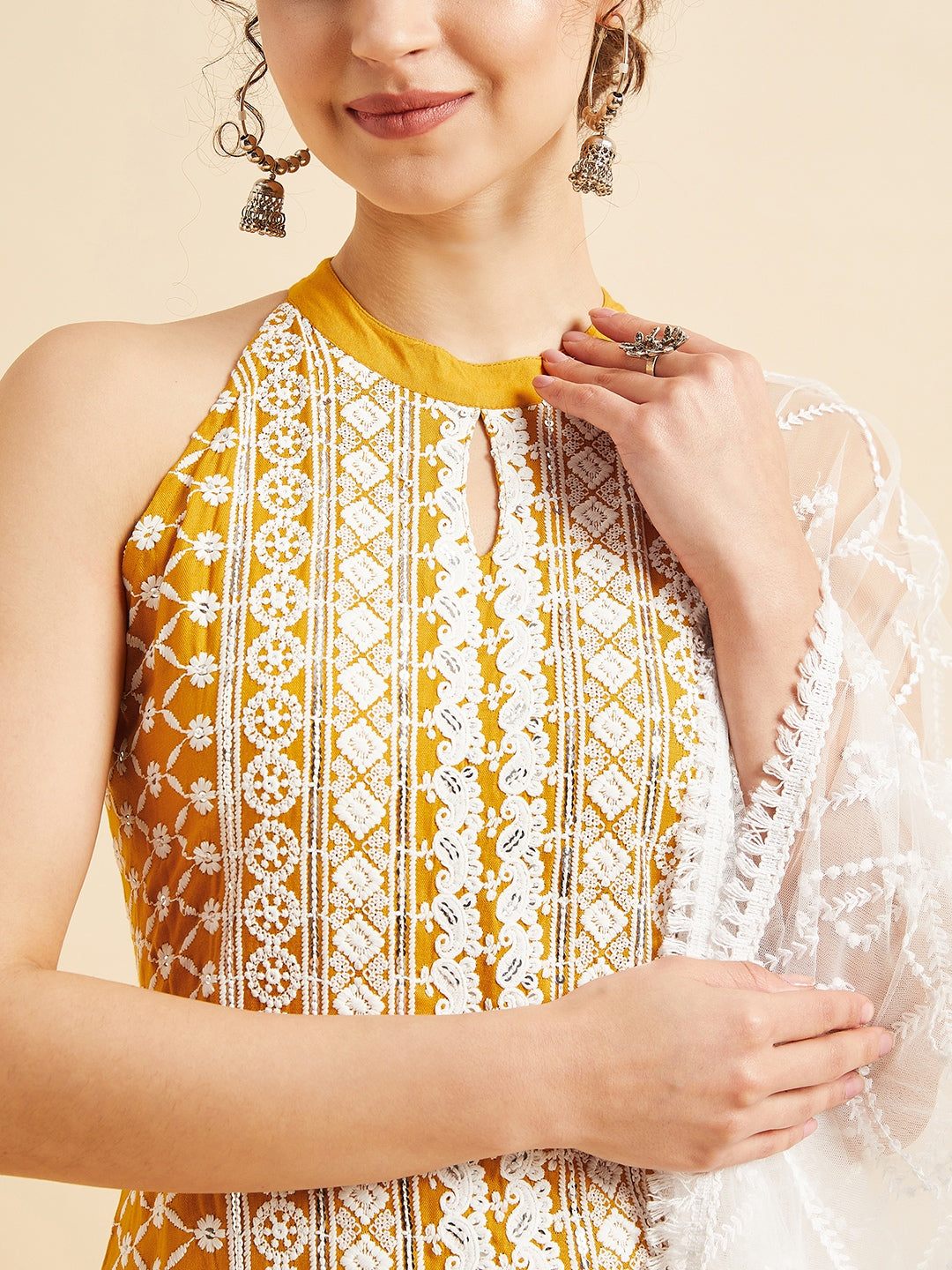 Yellow Ethnic Motifs Embroidered Thread Work Regular Kurta with Palazzos & Dupatta