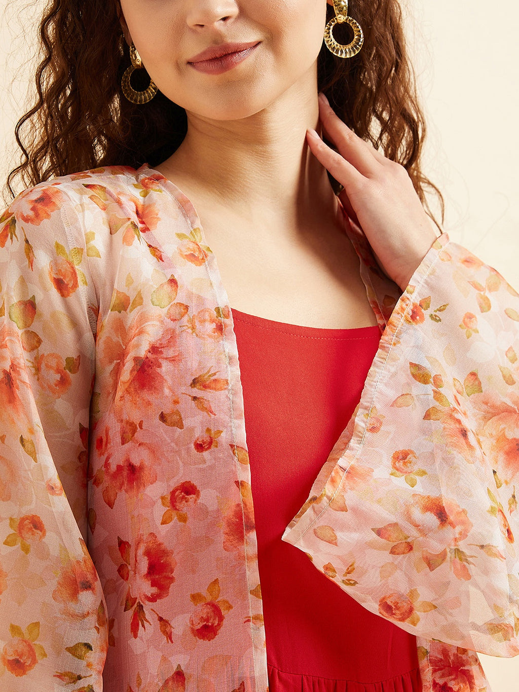 Shoulder Straps Fit & Flare Maxi Ethnic Dress With Printed Shrug