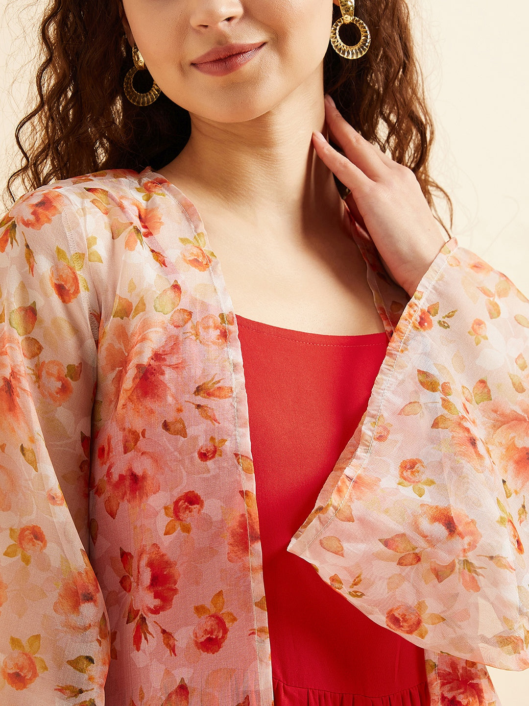 Shoulder Straps Fit & Flare Maxi Ethnic Dress With Printed Shrug