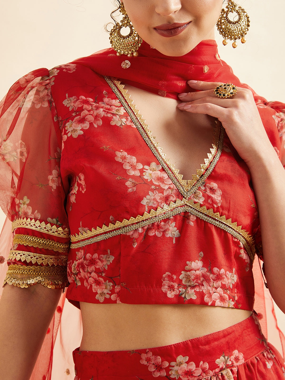 Red Floral Printed Ready to Wear Lehenga & Blouse With Dupatta