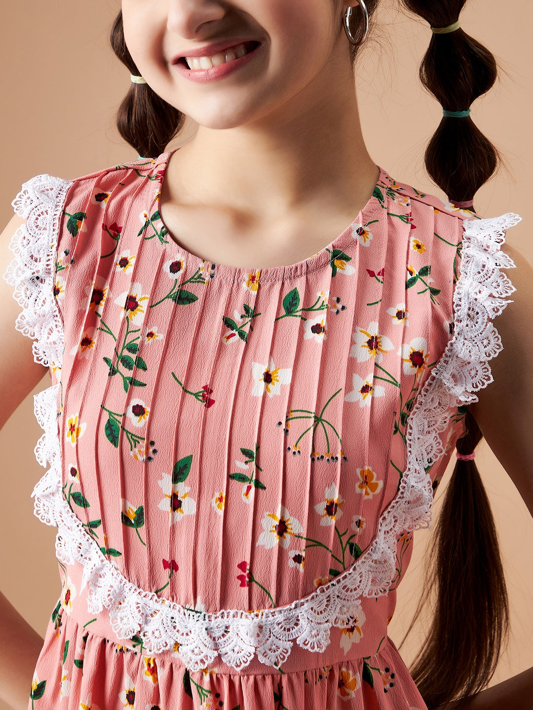 Girls Peach Floral Printed Crepe Fit & Flare Dress