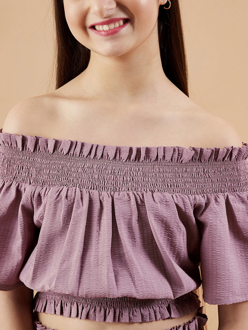 Girls Off-Shoulder Mauve Top with Trousers