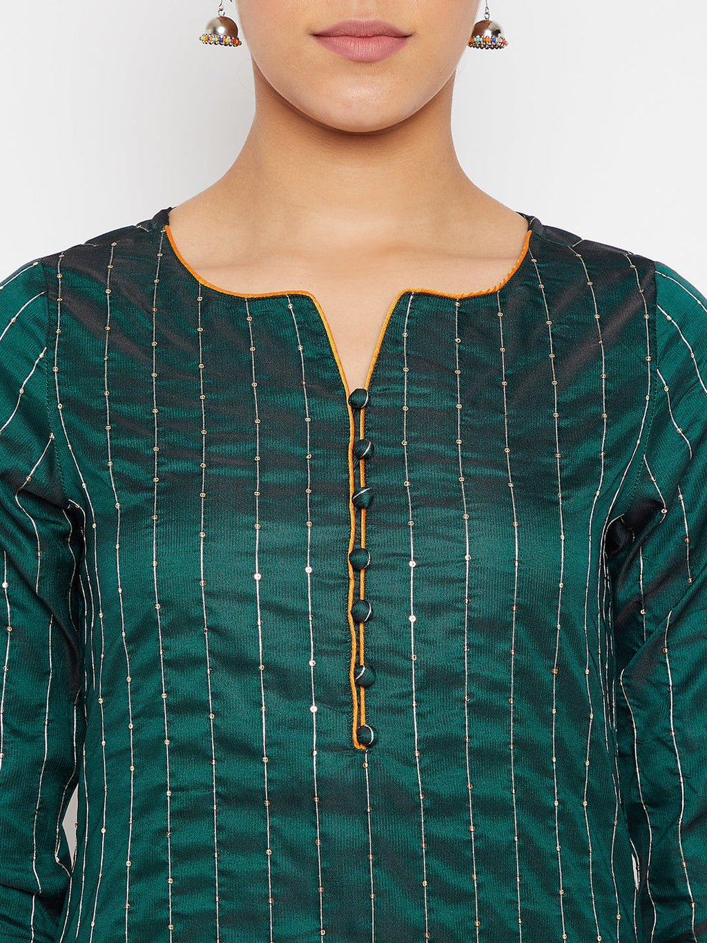 Women Green Mustard Sequin Straight Kurta Set with Dupatta