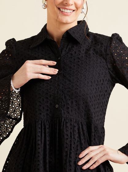 Women Black Shirt Collar Bell Sleeve Ruffled Schiffli Cotton A-line Dress