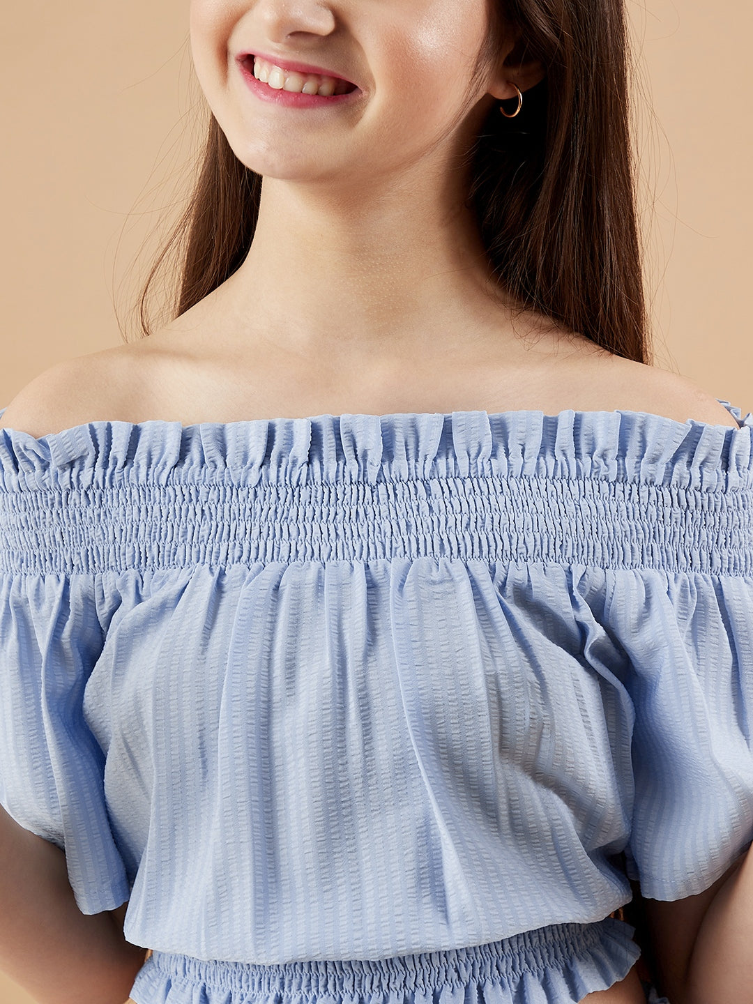 Girls Off-Shoulder Blue Top with Trousers