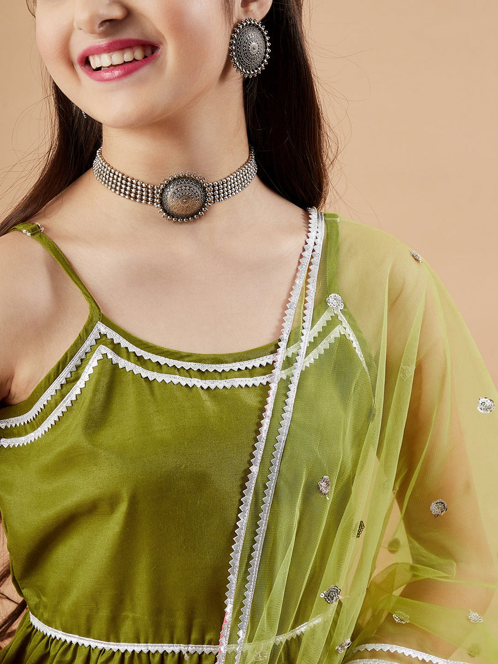 Girls Tiered Gotta Patti Kurti with Dhoti Pants & With Dupatta