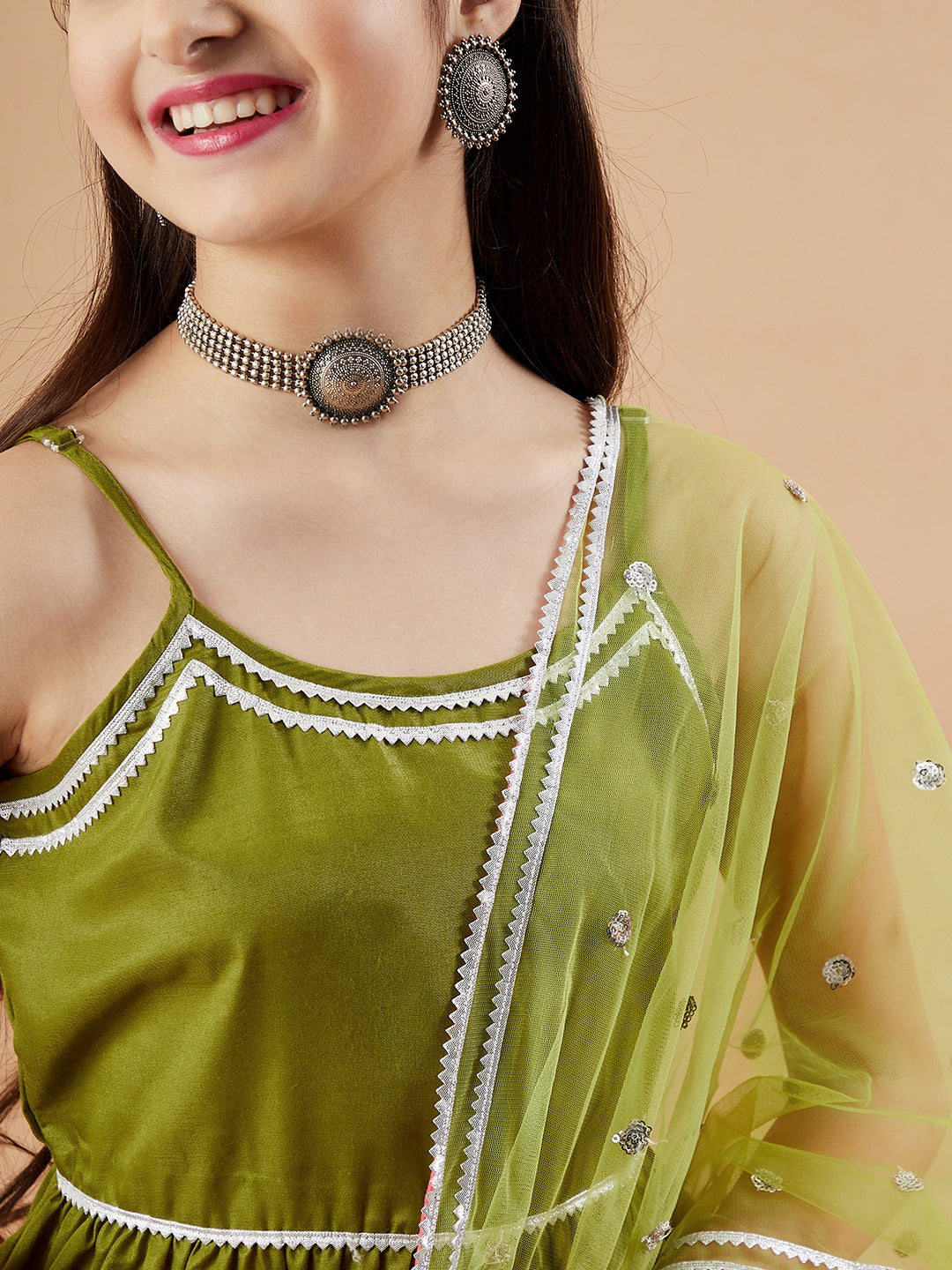 Girls Tiered Gotta Patti Kurti with Dhoti Pants & With Dupatta