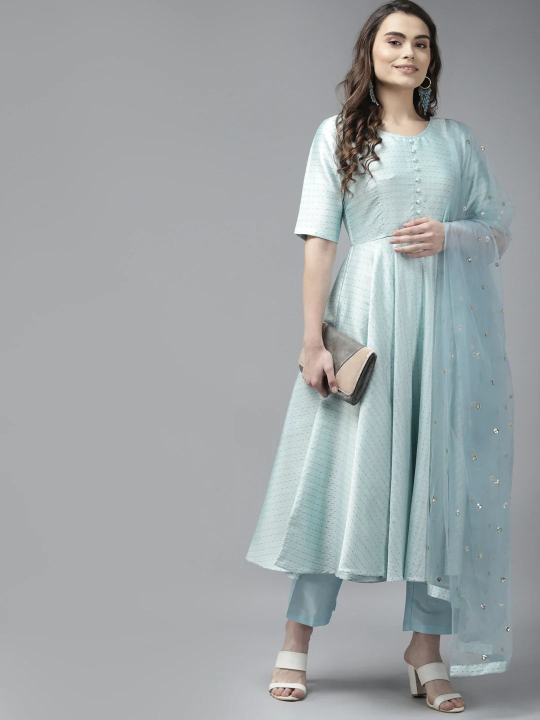 PANIT Women Aqua Blue Ethnic Motifs Embroidered Kurta with Trousers  Dupatta