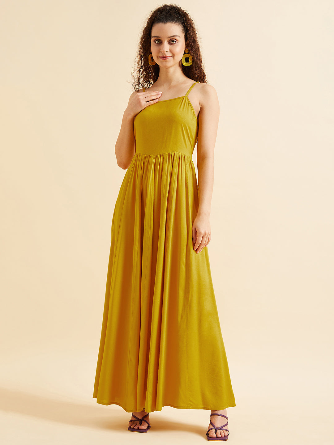 Shoulder Straps Fit & Flare Maxi Ethnic Dress With Printed Shrug