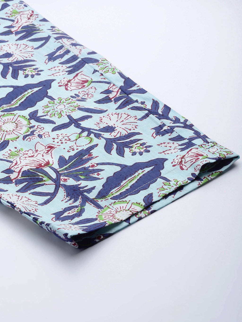 Women Blue & Green Cotton Floral Printed Comfort Fit Trousers