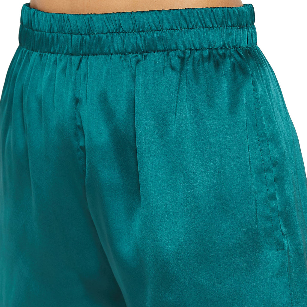 Women Green Satin Finish Solid Night Suit