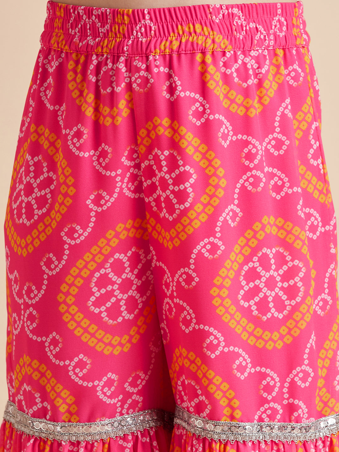 Girls Pink Bandhani Printed Empire Gotta Patti Kurta with Sharara