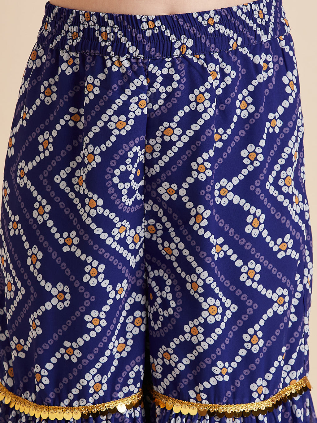 Girls Blue Bandhani Printed Empire Gotta Patti Kurta with Sharara