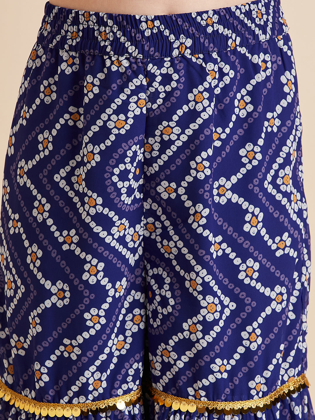 Girls Blue Bandhani Printed Empire Gotta Patti Kurta with Sharara