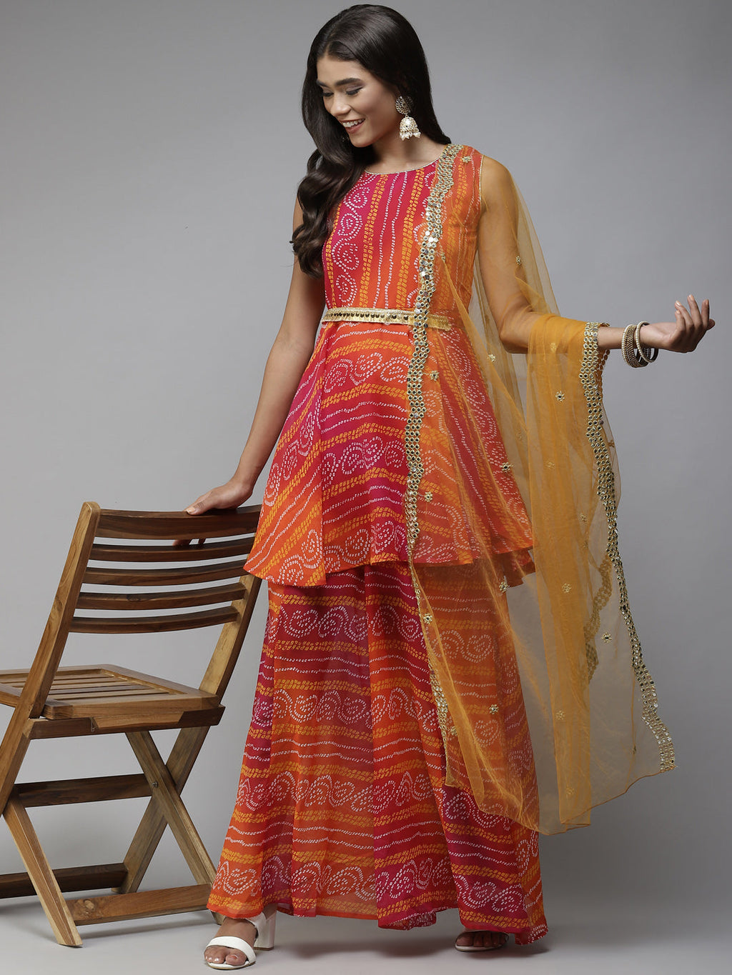PANIT Orange Bandhani Printed Sequinned Kurta with Sharara & With Dupatta