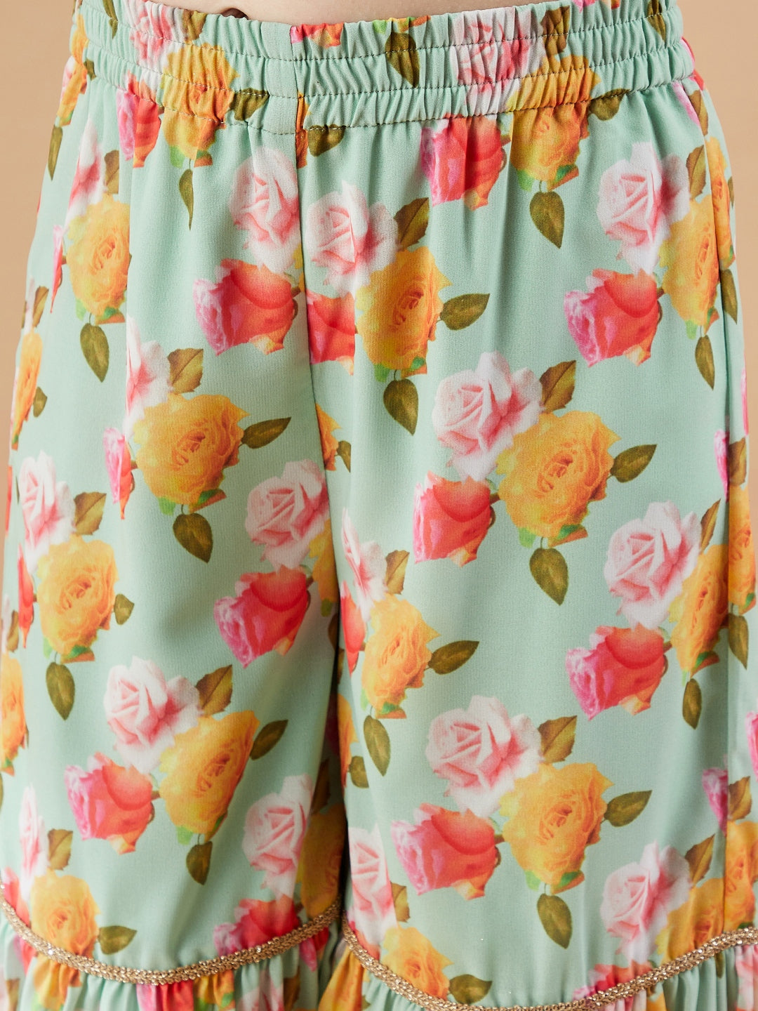 Girls Floral Printed Empire Gotta Patti Kurti with Sharara & With Dupatta