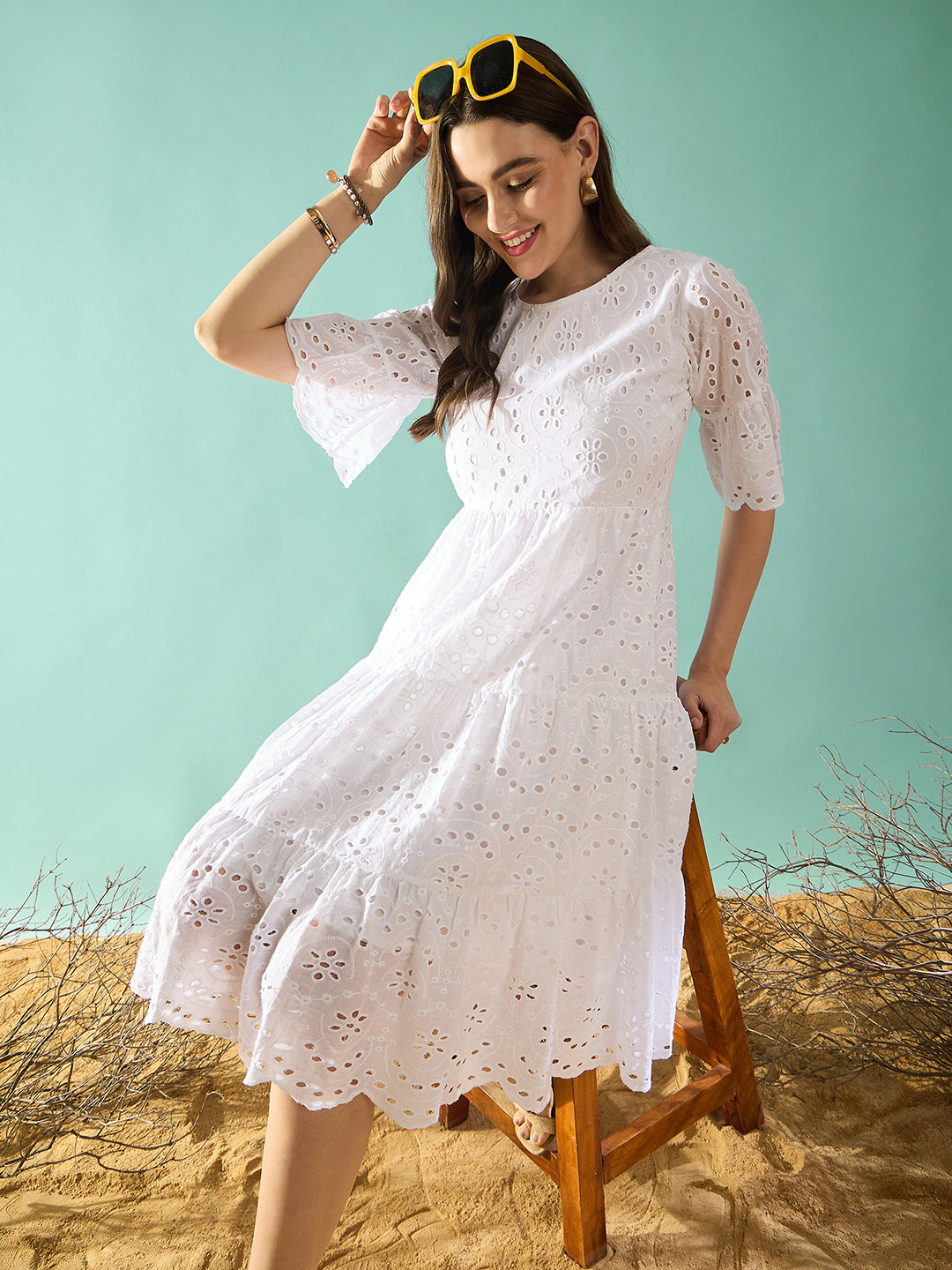 White schiffli tiered A-Line Dress